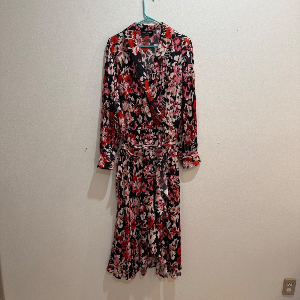 Lane Bryant Red Pink Floral Satin Wrap Midi Dress Plus Size 22 Long Sleeve